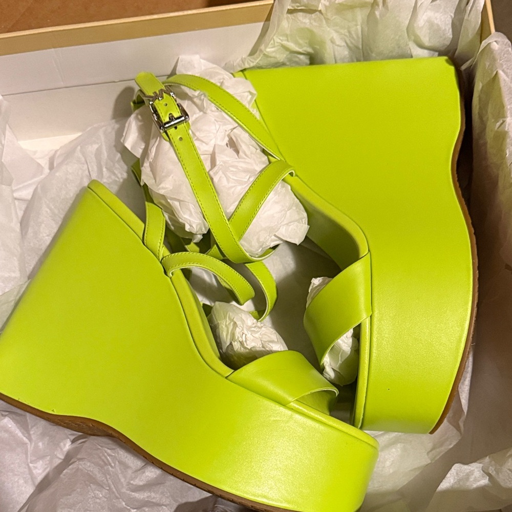 Neon Green Michael Kors Platform Wedge Sandals - Picture 2 of 5